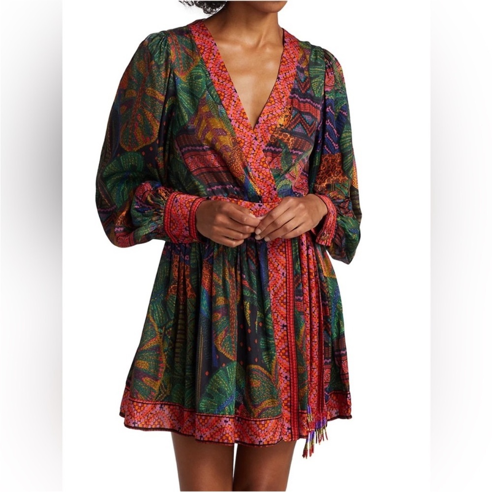 FARM Rio Colorful V-Neck Long Sleeve Dress - Lg